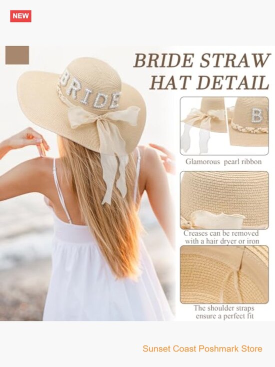 Wide Brim Straw Floppy Sun Hat with Pearl Letter Patch for Beach Wedding main image 7